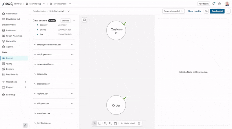 Creating a relationship by dragging an arrow from the source node to the target node