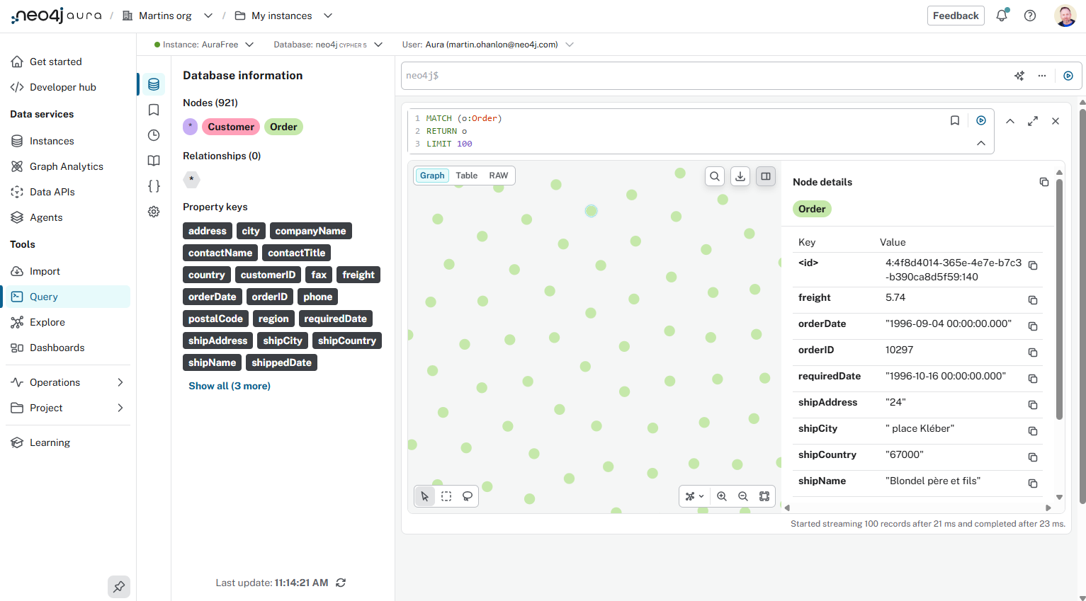Result of the query showing the Order nodes