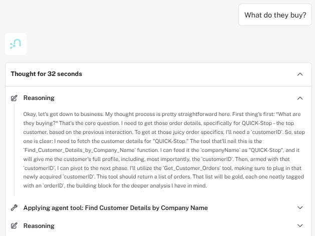 Agent response showing the thought process and tool use