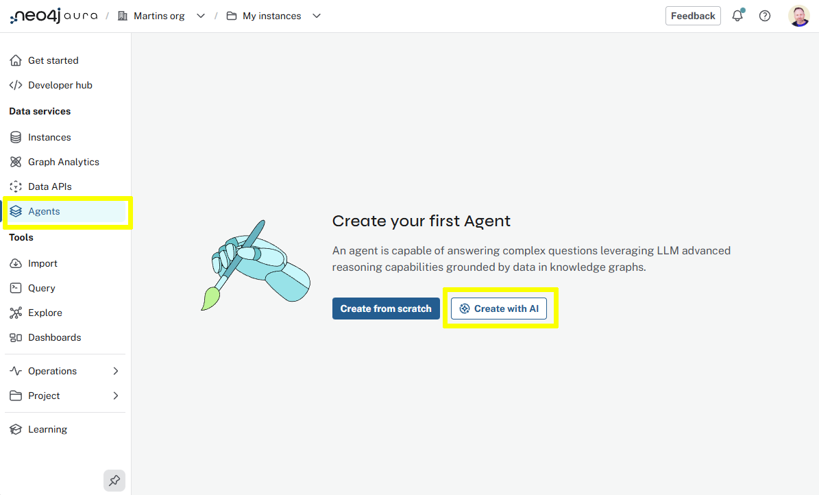 Aura Console - Aura Agents menu and Create with AI button highlighted
