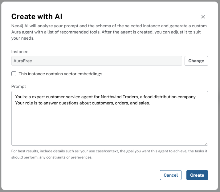 Create Agent with AI dialogue with the prompt entered