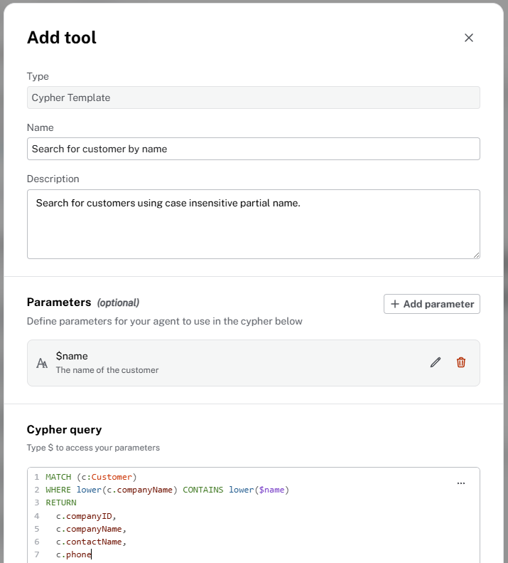 The tool configuration with the name, description, parameter, and Cypher query filled in as described in the steps
